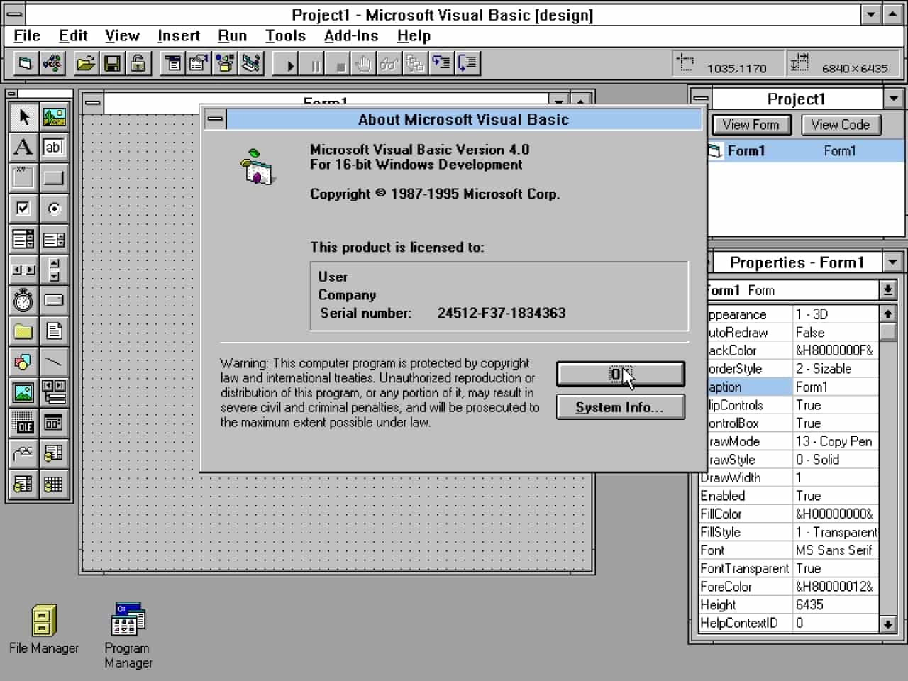A screenshot showing the Visual Basic 4.0 starting interface. There are 26 buttons in the left panel. There's also a row of buttons on the top of the screen.